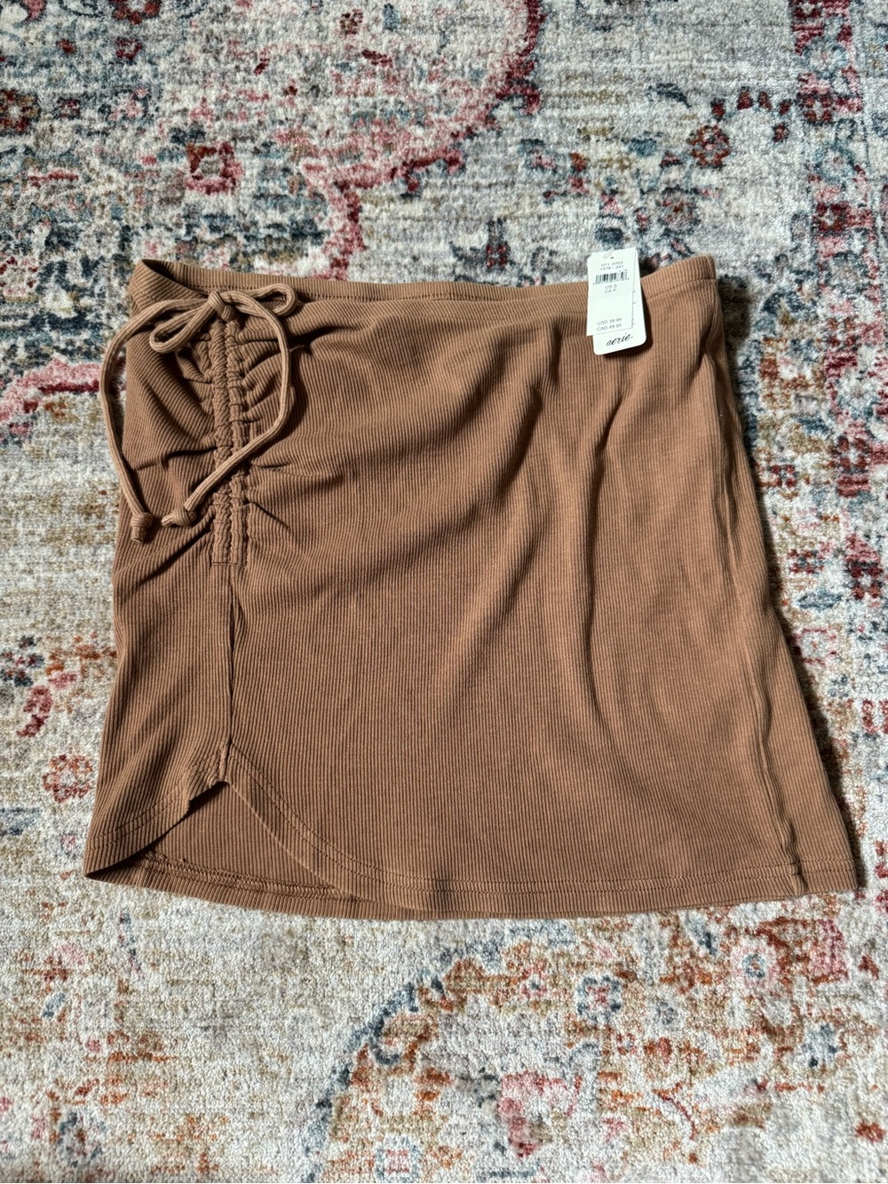 aerie Ribbed Side-Tie Mini Skirt — Brown